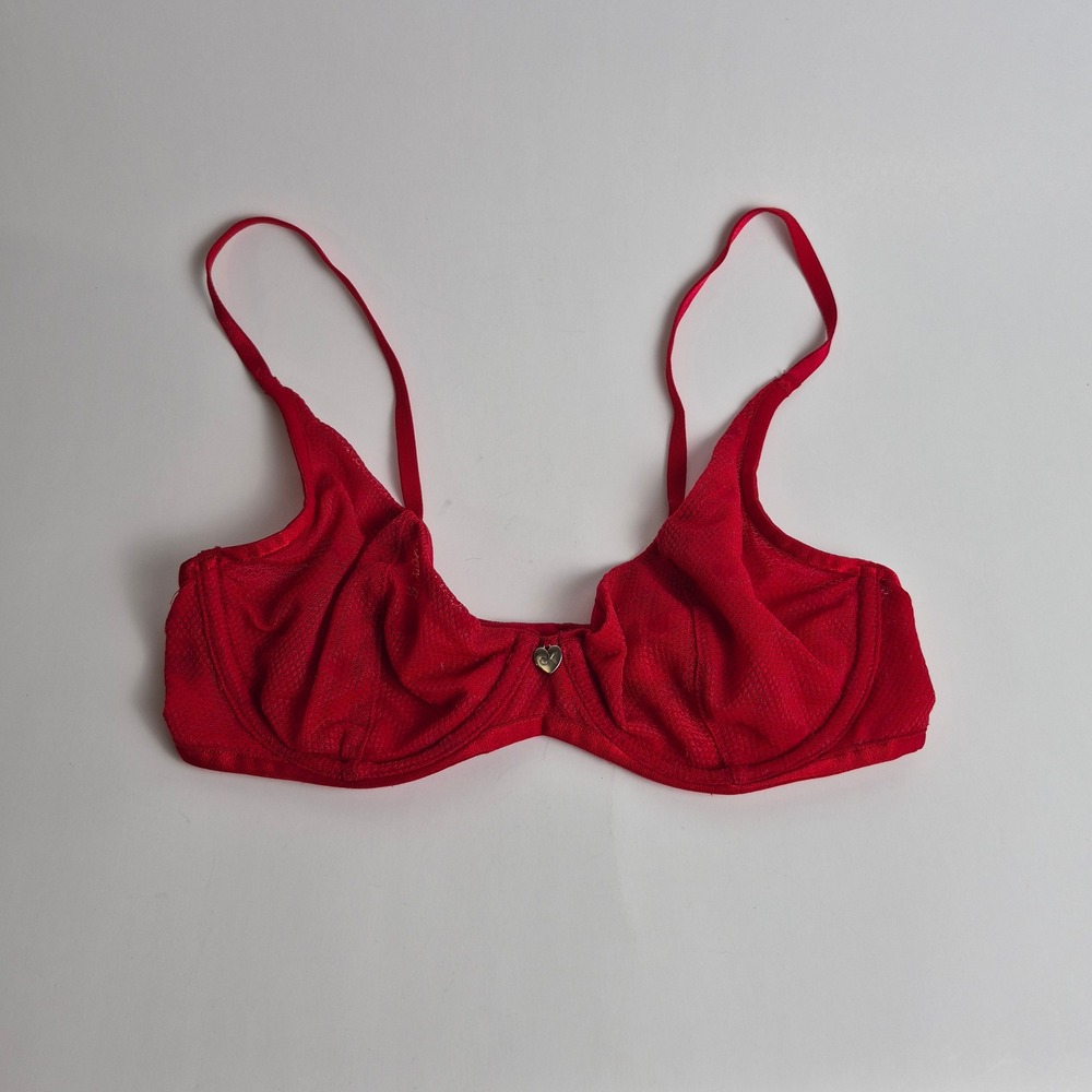 Calvin Klein Red Sheer Lace Unlined Underwire Bra Heart Charm QF6714 32C